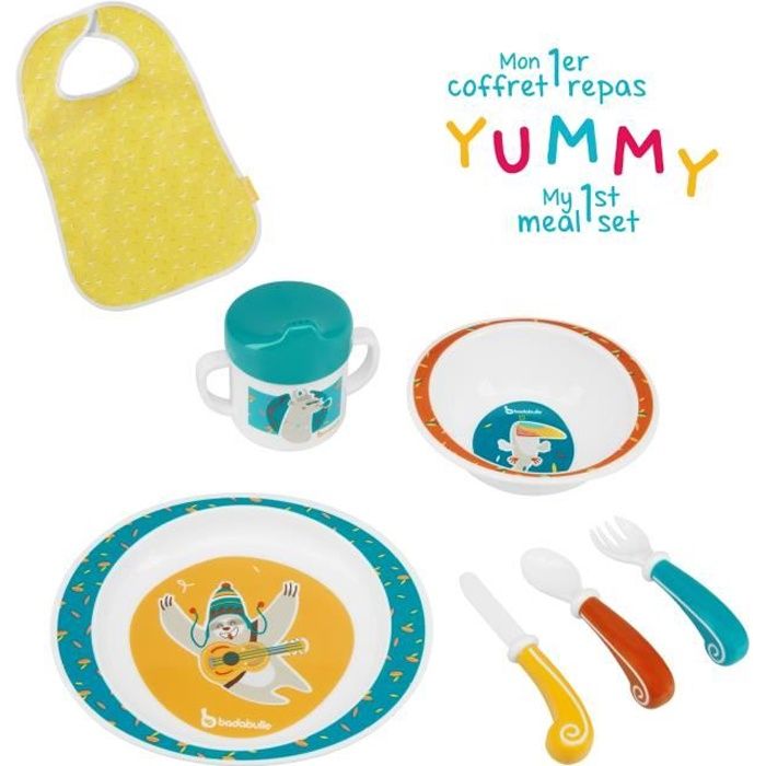 BADABULLE Coffret Repas Yummy Bleu - Set Vaisselle 7 pièces & Bavoir Bébé Inclus