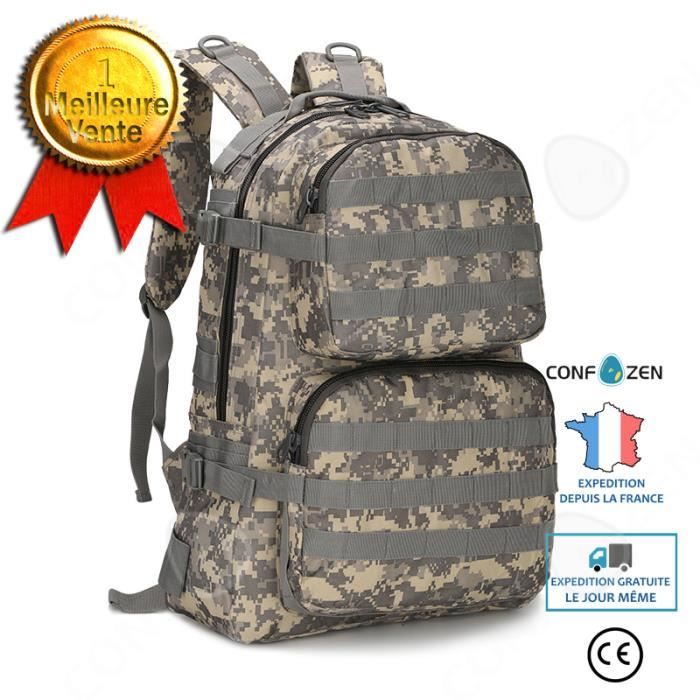 CONFO® Sac à dos Double poche frontale Sports de plein air Tissu Oxford imperméable Homme et femme Système MOLLE Grande capacité 45L