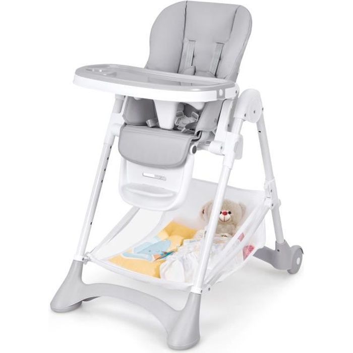 COSTWAY Chaise Haute Bébé Pliable 2 Roues Mobile Repose-pieds,Panier Jouet,Double Plateau Coussin Amovible Dossier Inclinable Gris