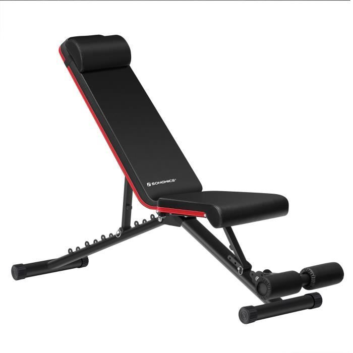 SONGMICS Banc de musculation réglable et pliable, dossier et siège réglable, avec 1 coussin, exercices d'haltères, Noir, Rouge