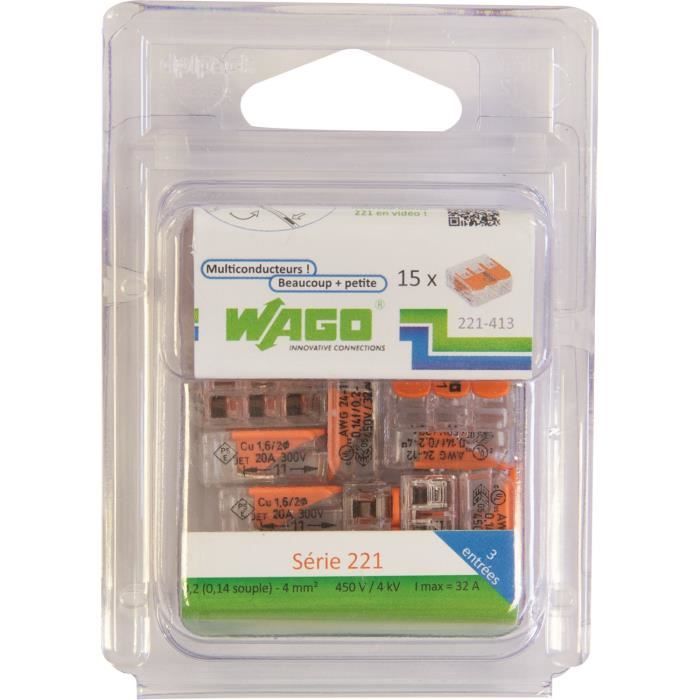WAGO Pack de 15 Bornes de connexion universelle tous conducteurs - Type 221/ 3 entrées