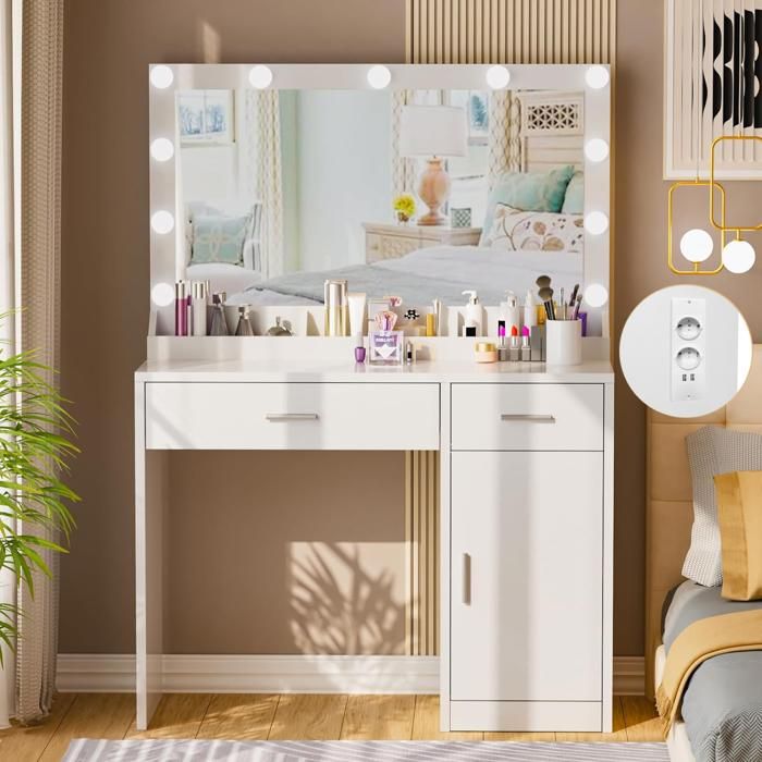 Coiffeuse Miroir et LED - HOMDOX - Coiffeuse avec Prise