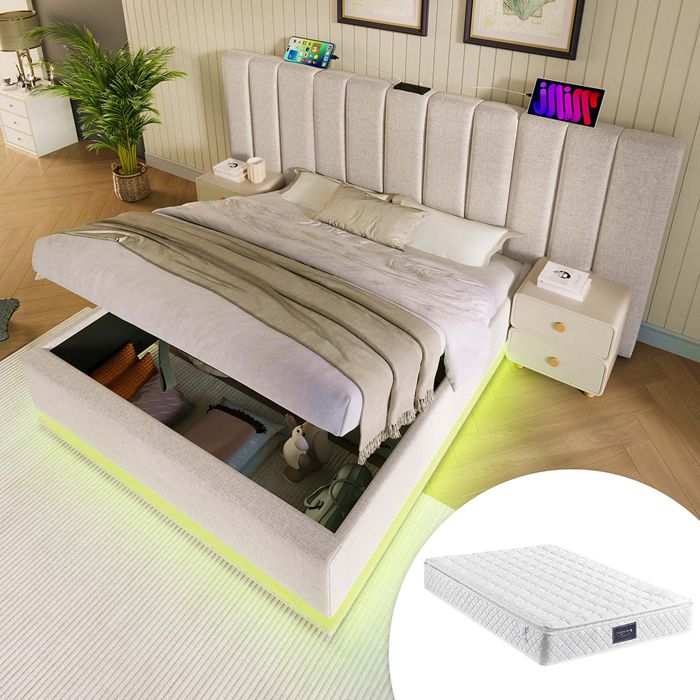 Lit Double 180x200 Avec LED Et Charge USB - Sommier à Lattes, Coffre Hydraulique, Tissu Lin Beige - Sans Matelas - 2