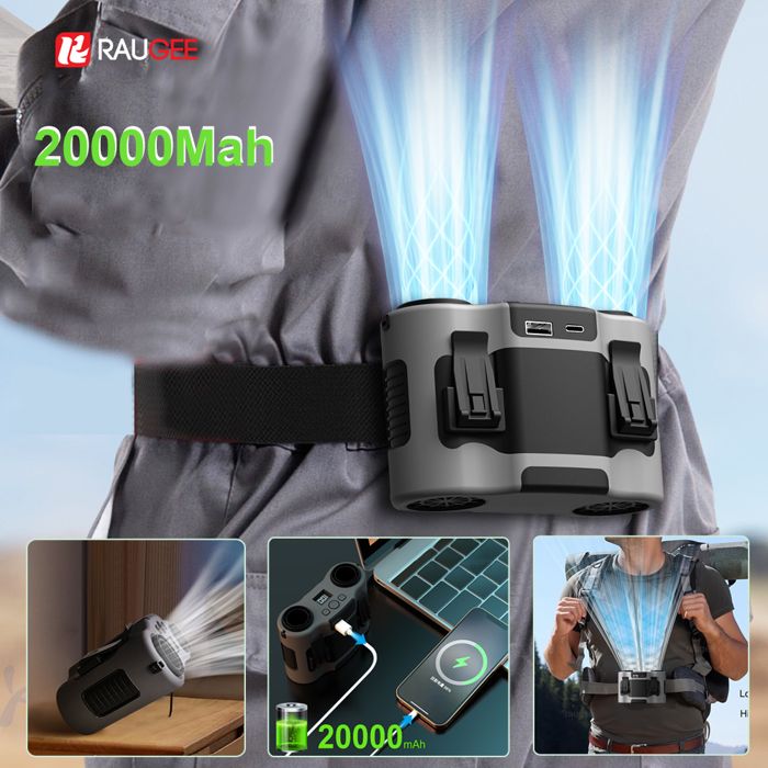 Mini ventilateur portable à clip de taille rechargeable par USBpour le travail en extérieur double sortie dair 20 000 mAh gris - No Brand