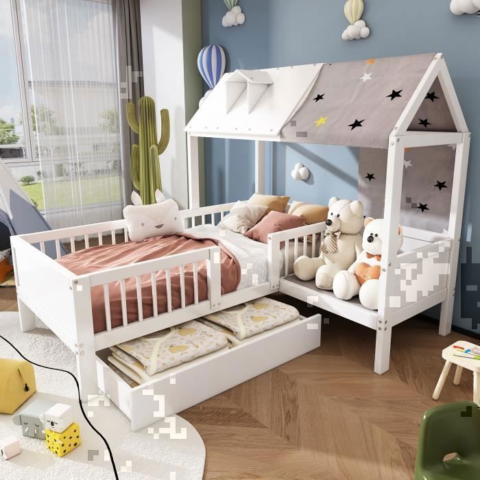 Lit Enfant 90200cm - OKWISH - Lit Simple En Forme De Maison Avec Toile De Tente tiroir Et Sommier - Bois Blanc (Sans Matelas)