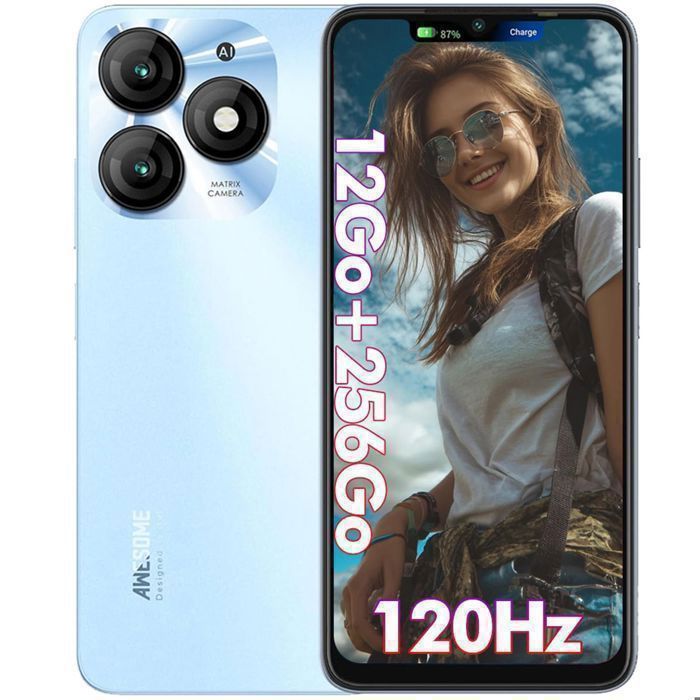 Smartphone A70 12GO+256GO Écran 6.6 120Hz Batterie 5000mAh 13MP Caméra Telephone Android 13 Telephone Portable Double SIM/NFC Bleu