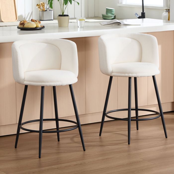 DAYALANE Lot de 2 Tabouret de Bar en Chenille Chaise de Bar Design Haute avec Repose-Pieds Chaise de Comptoir et Cuisine Blanc