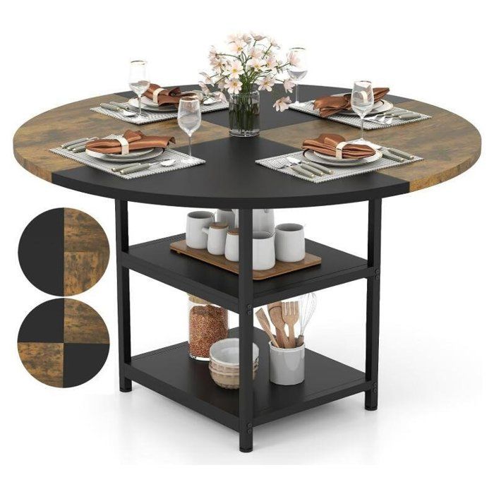 Table à Manger Ronde 4 Personnes - RELAX4LIFE - Plateau Bicolore Modulable - 2 Étagères Ouvertes - Table de Cuisine Dia 119CM