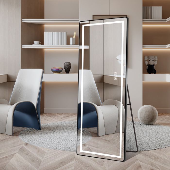 Miroir sur pied avec éclairage LED - Grand miroir sur pied éclairé - Miroir de Sol 163x54cm - Alliage dAluminium avec Cadre - Noir