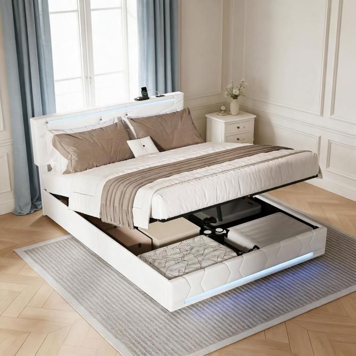 Lit coffre 160x200 Lit double 160 x 200 cm avec USB et LED litcoffre 160x200 coffre Lit 160x200 cm avec sommier 2 places Lin Beige