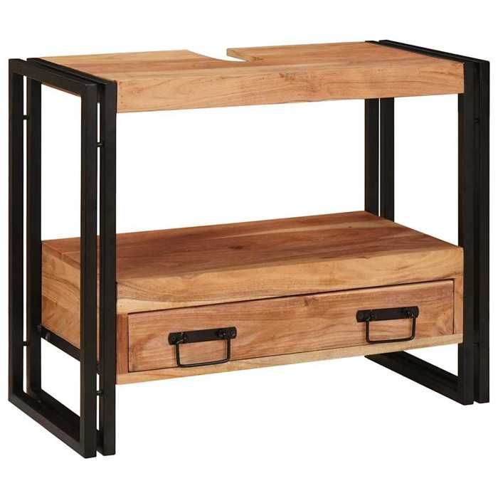 Meuble sous-vasque salle de bain - vidaXL - Bois dacacia massif - Fer - 71x33x58 cm - Avec tiroir - 1 étagère