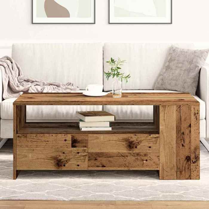 Table basse en bois dingénierie - vidaXL - 102x55x43.5 cm - Bois ancien - Avec tiroir - 3 étagères