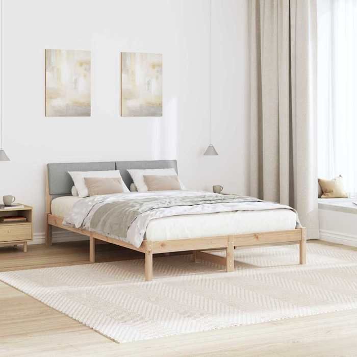 Structure de lit avec tête de lit - UU - 140x200 cm - Marron et gris clair - Bois massif en pin - Cadre à lattes