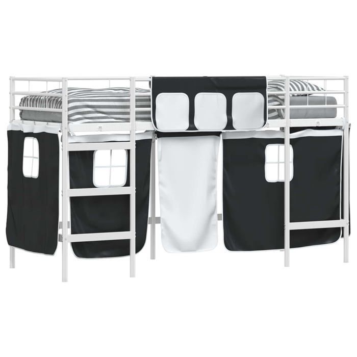 Lit mezzanine pour enfants - vidaXL - Rideaux - Métal - 95x194x116 cm - Blanc et Noir - Lit simple 90x190 cm - Respirant