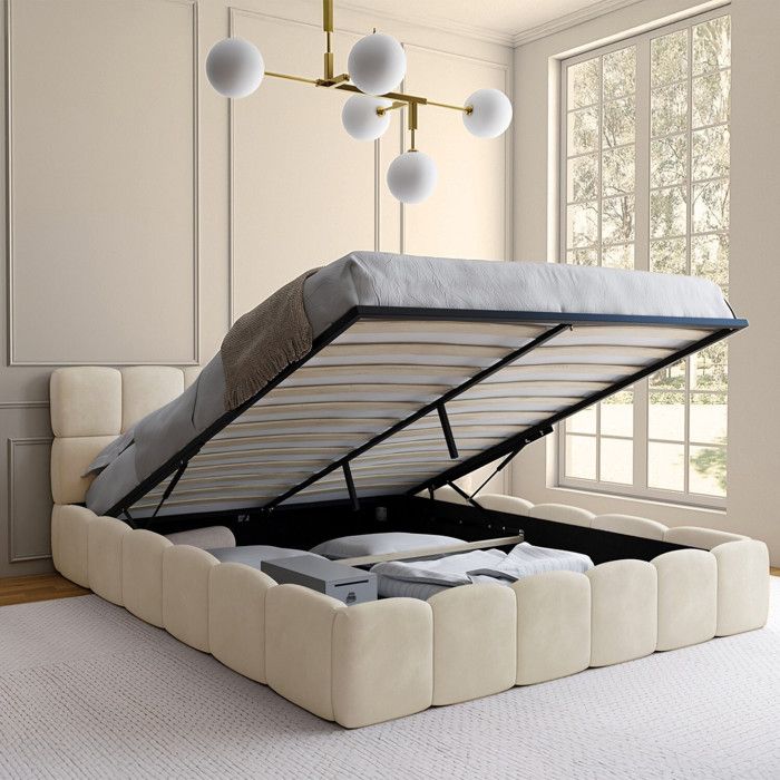 IDMARKET Lit coffre double NUAGE avec tête de lit matelassée et sommier 160 x 200 cm velours beige