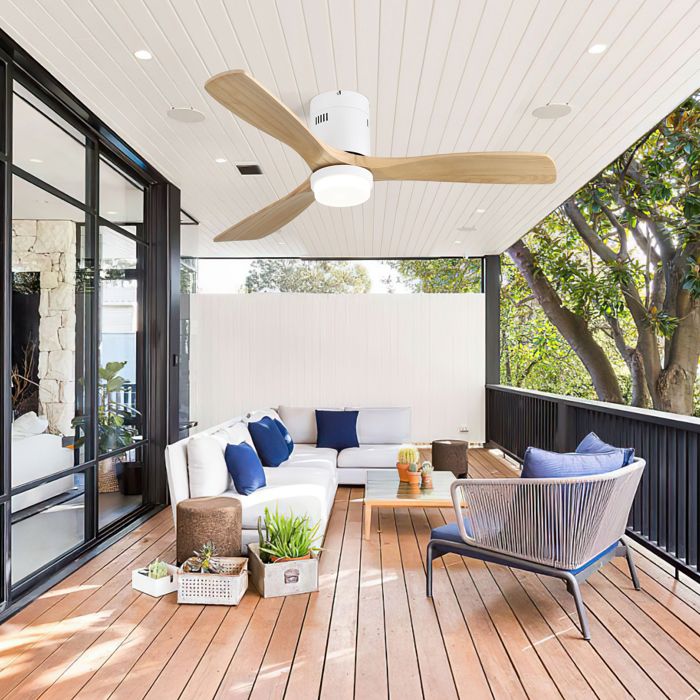 Ventilateur de plafond 132 cm avec télécommande 3 pales silencieux 18W LED métal et bois blanc - Modenuit