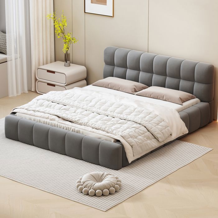 Lit double 160x200 cm cadre de lit adulte avec sommier à lattes tête de lit rembourrée en lin Sans matelas gris