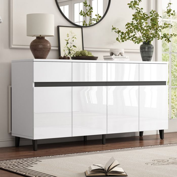 Buffet de cuisine - 160 x 40 x 68 cm - 4 tiroirs et 4 portes - Étagères réglables - Finition laquée blanche