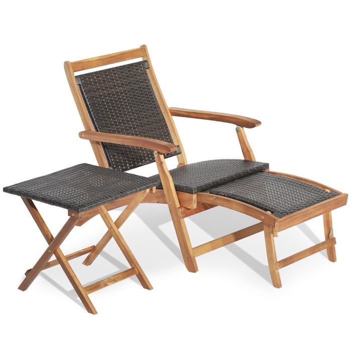 Chaise longue de jardin avec repose-pied rétractable et table dappoint pliable 135 x 61 x