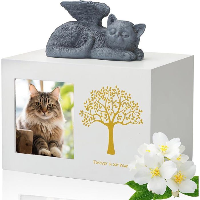 Meilleurs prix pour Boîte de crémation pour animaux de compagnie - Urne blanche en bois - Avec statue d& 39 ange de chat en résine et sac