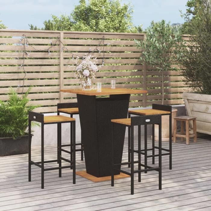 NEW 2026 Ensemble Bistrot/BAR - jardin lot de 5 - 4 Chaises et 1 Table- noir poly rotin/bois massif acacia 40x44x86 cm S606