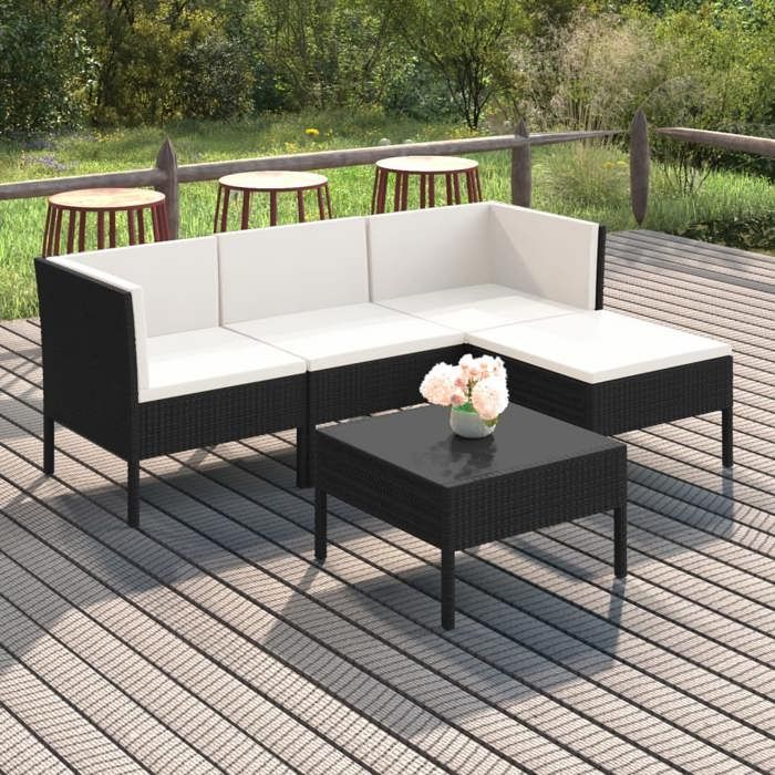 NEW 2026 Salon de jardin lot de 5 Meuble pour 4 personnes avec coussins résine tressée noir 60x60x35 cm S1221