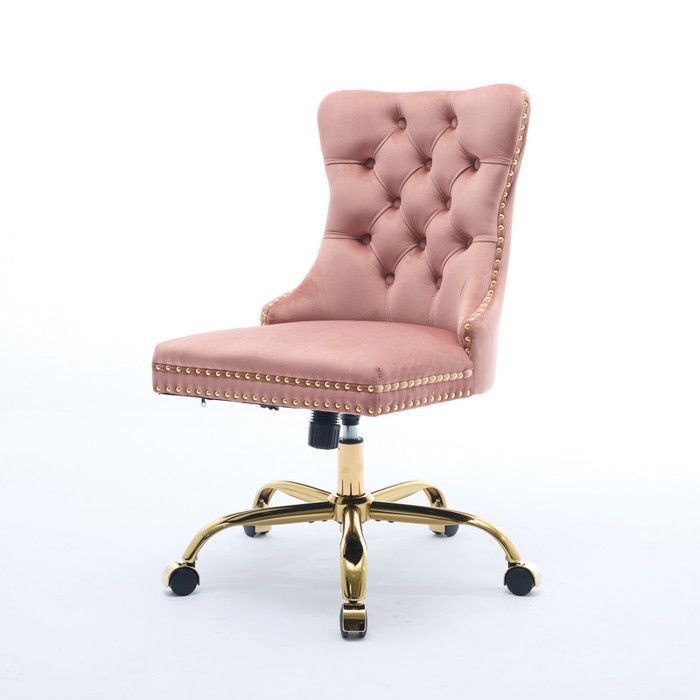 Fauteuil de bureau BELLEMAVE moderne en velours base métallique dorée réglable et pivotant - Rose