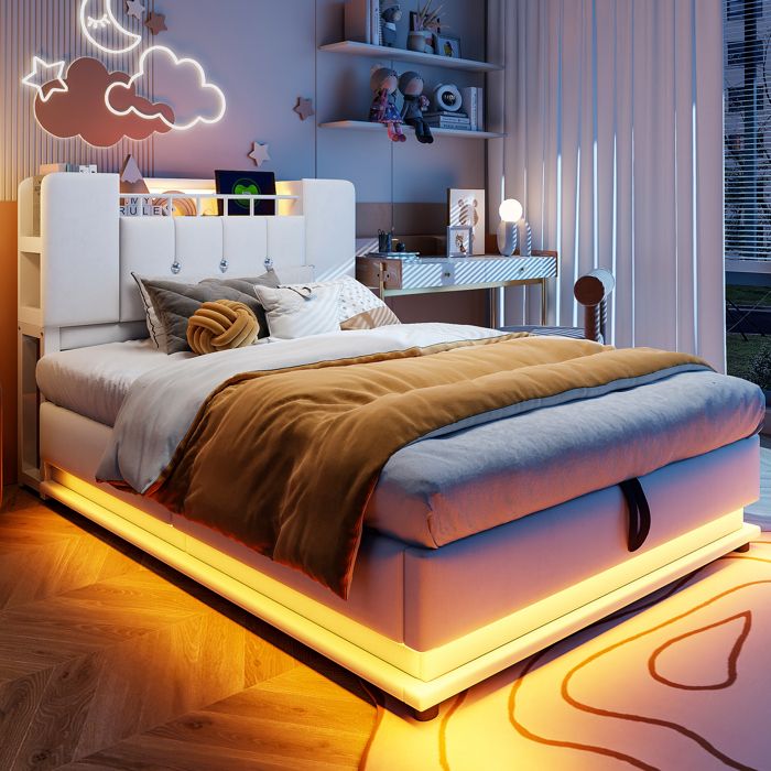Lit Coffre Enfant 90x200 cm Lit Simple avec LED et Prise USB Ouverture Hydraulique Tissu Velours Beige Sans Matelas