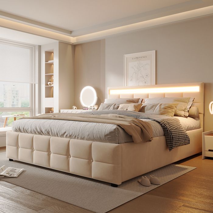 Lit Coffre 180x200 Cm  Avec Éclairage LED Et Rangement Pratique Sous Le Lit Moderne En Velours Beige Sans Matelas
