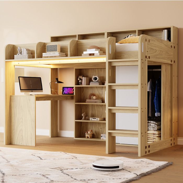 Lit mezzanine 90x200 cm multifonction en bois avec bureau armoire rangements LED et prise