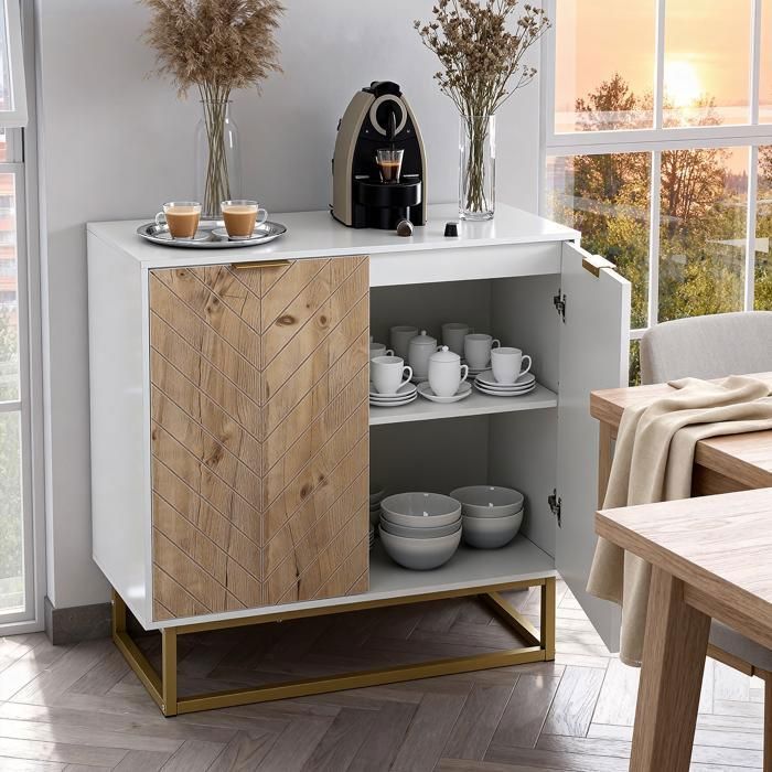 Buffet - Design moderne façade effet bois géométrique - 2 portes - Pieds métal doré - 80x40x808 cm