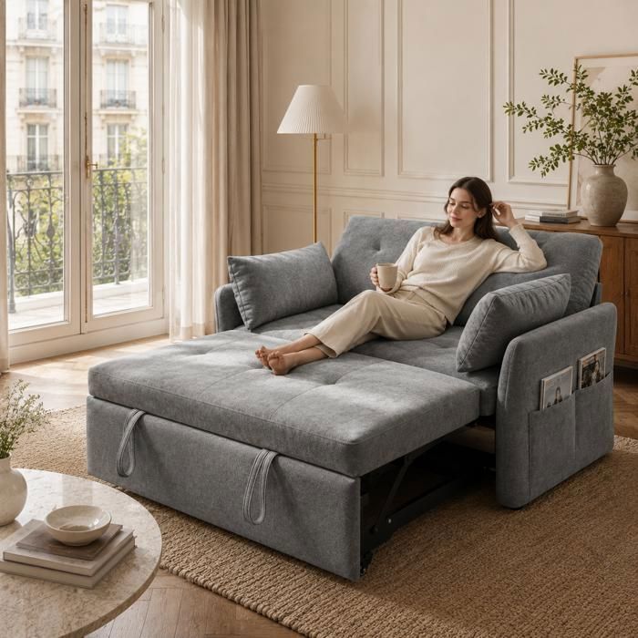 Canapé-Lit Pliant Convertible 3 en 1 - Tissus naturels - 2 Place - AKABER - Réglable 5 Positions - 110x71x85cm - Avec Rangement-Gris