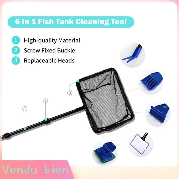 Garosa brosse daquarium Outil de nettoyage daquarium 6 en 1 outil de nettoyage dalgues avec brosse à animalerie eclairage Bleu