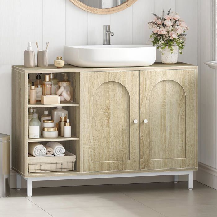 Meuble sous Lavabo Meuble de Rangement pour Salle de Bain pour Évier avec Étagère Ouverte et 2 Portes Chêne Clair