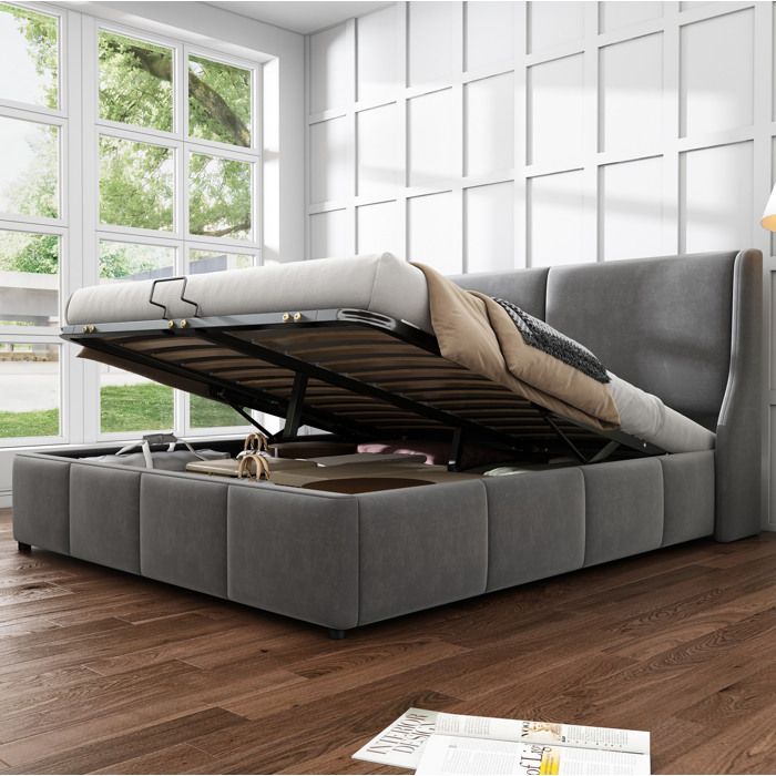 Lit Coffre Hydraulique Lit 2 Place 140 X 190 cm Lit Adulte Avec Fond Lattes Bois Velours Gris