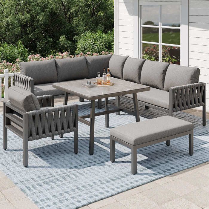Salon de jardin pour 8 personnes avec coussins Ensemble de meubles de jardin modulaire - en fer galvanisé - pieds réglables - gris