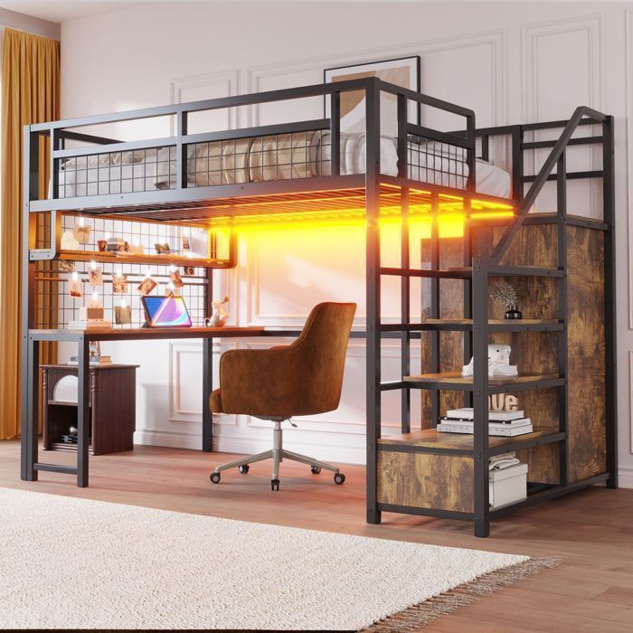 Lit Mezzanine 140x200 cm Métal Noir avec Bureau Armoire et LED - lit 2 places - Échelle Rangement Prises Grille Idéal Ados
