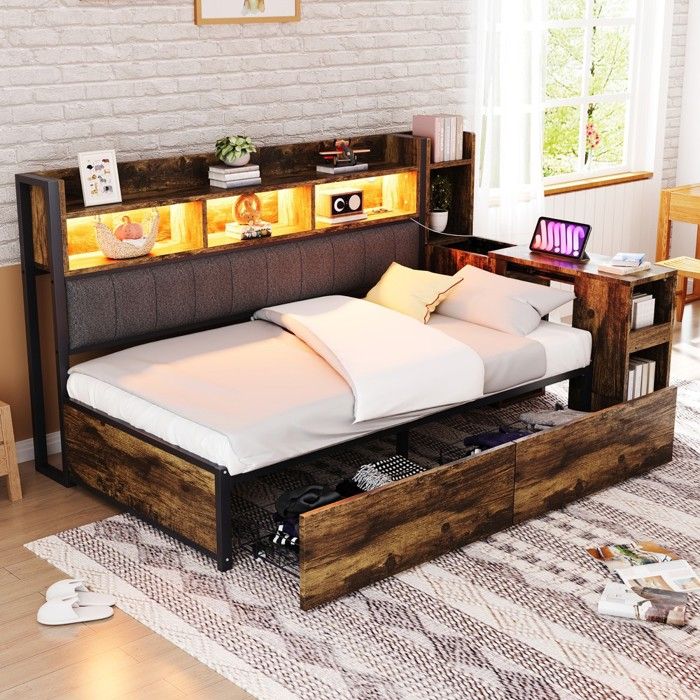 Lit simple - Canapé fer 90x200 - Rangements intégrés - Bureau escamotable - LED et prises