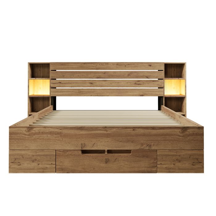 Lit double 180x200 chêne massif avec LED USB-C rangement et sommier bois