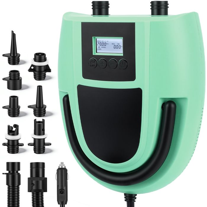 Pompe électrique pour Sup Pression Réglable Jusquà 20 PSI et écran Numérique avec 7 Embouts pour Bateaux Matelas Piscines