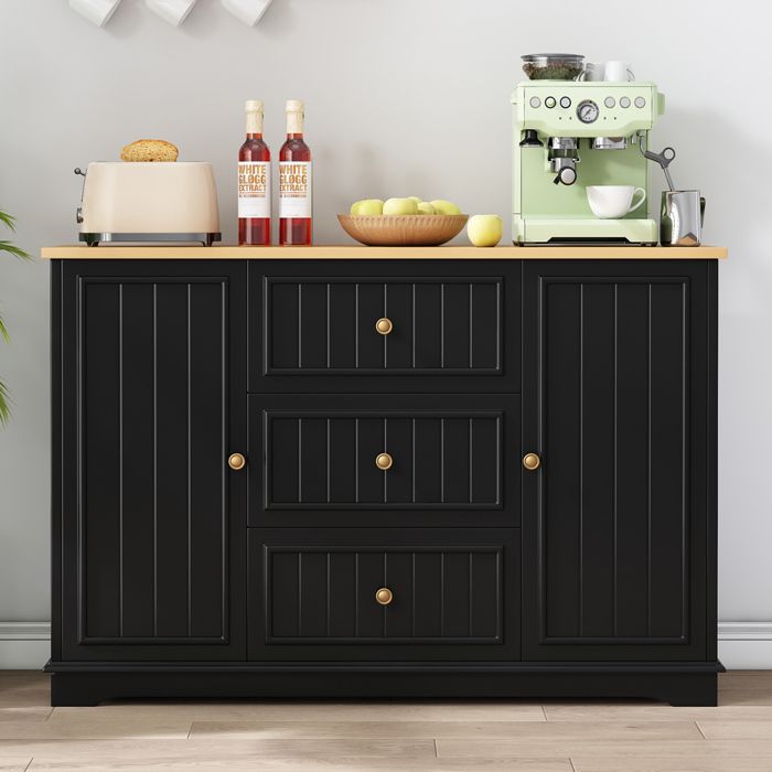 Buffet bahut noir 126 x 40 x 86 cm avec 3 tiroirs 2 portes et étagères réglables en MDF pour salon ORVRYN