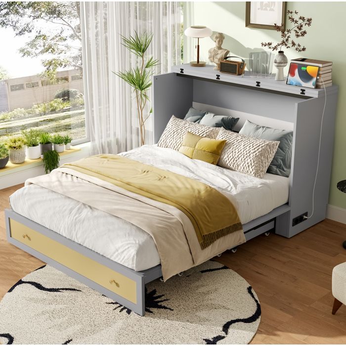 Lit escamotable double 140 × 200 cm avec tiroir USB et prise transformable en armoire sans matelas gris - UVRION