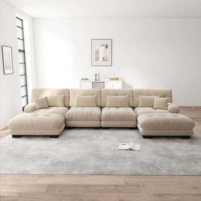 Canapé modulaire dangle U 4 places - KOMHTOM - Cloud - Convertible avec ottoman mobile - Chenille - Café clair (406x145x81 cm) Canapé modulaire dangle U 4 places - KOMHTOM - Cloud - Convertible avec ottoman mobile - Chenille - Café clair (406x145x81 cm)