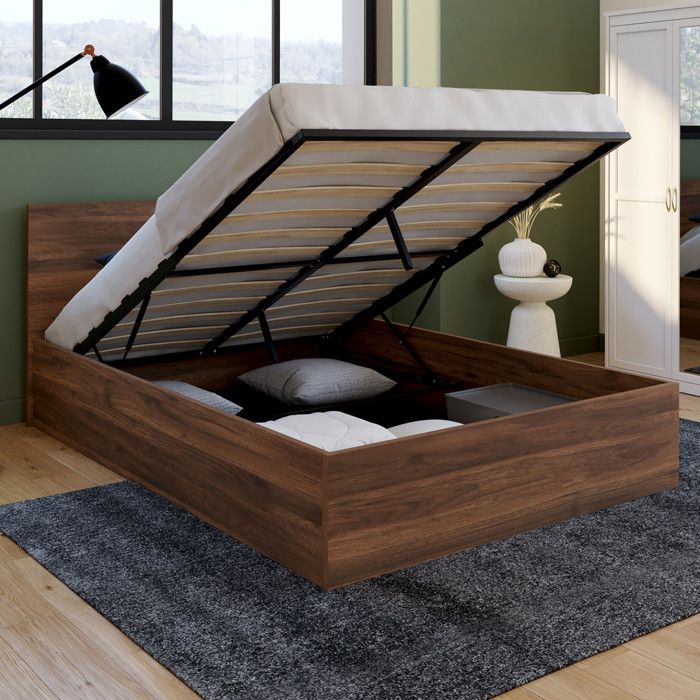 IDMARKET Lit coffre double SEASIDE avec tête de lit et sommier 140 x 190 cm effet noyer