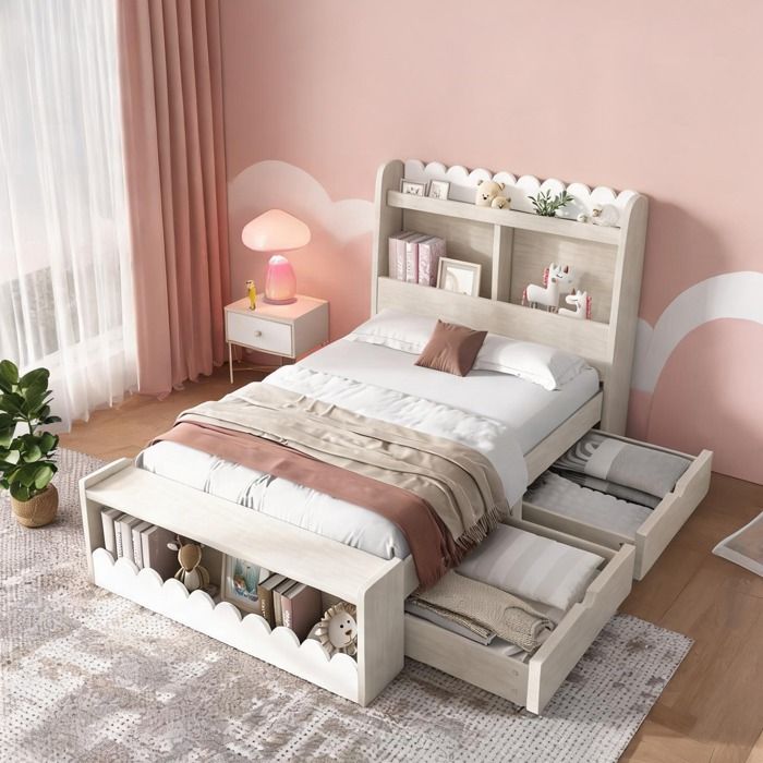Lit enfant avec rangement intégré tiroirs et banc bois massif et MDF blanc et chêne clair 90x190 cm
