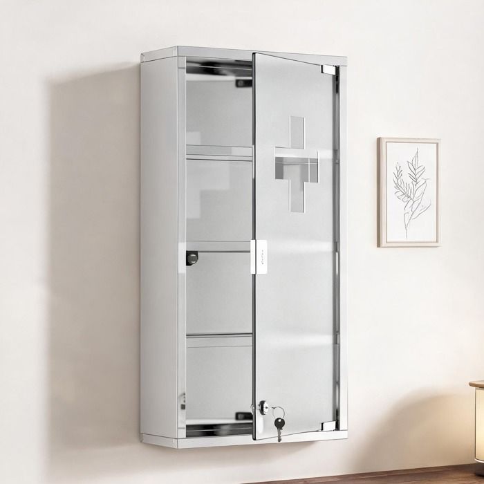 Armoire à pharmacie en acier inoxydable classic silver 60 x 30 x 12 cm porte verre satiné sécurisée