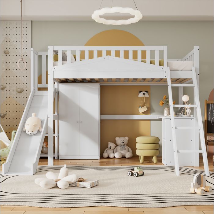 Lit superposé enfant 90x200 cm avec toboggan bureau et armoire rangements Bois/MDF blanc
