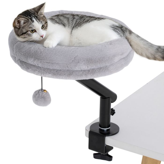 Lit de bureau pour chat - PawHut - rotation de 360° hauteur réglable balle jouet - acier peluche - 35x35x48cm - gris Lit de bureau pour chat - PawHut - rotation de 360° hauteur réglable balle jouet - acier peluche - 35x35x48cm - gris