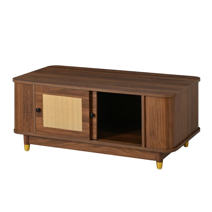 Table basse – Portes coulissantes en rotin – Rangement intérieur – MDF aspect noyer
