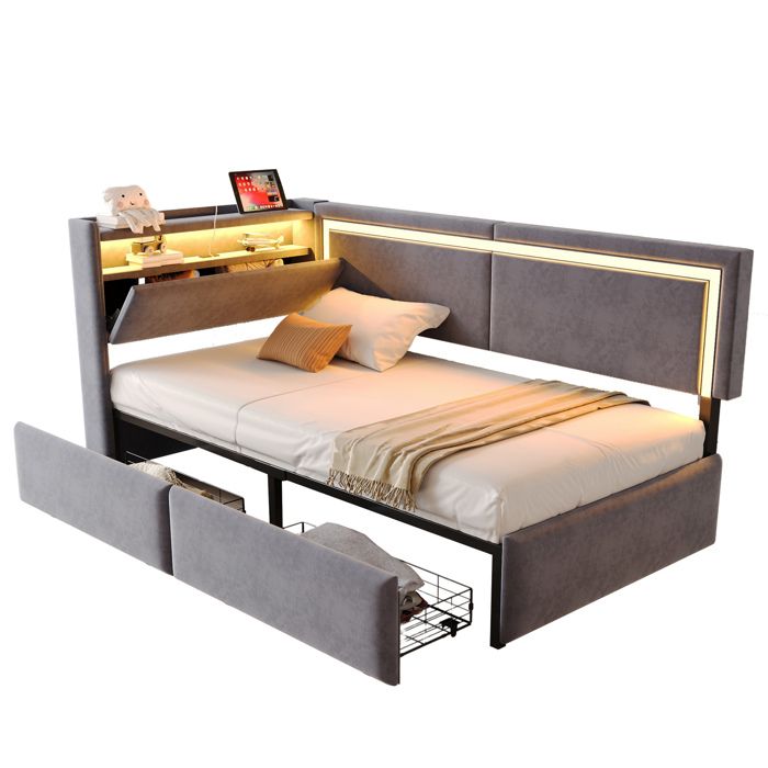 Banquette-lit 90x200 cm en velours gris foncé LED et USB tête de lit avec coffre et tiroir